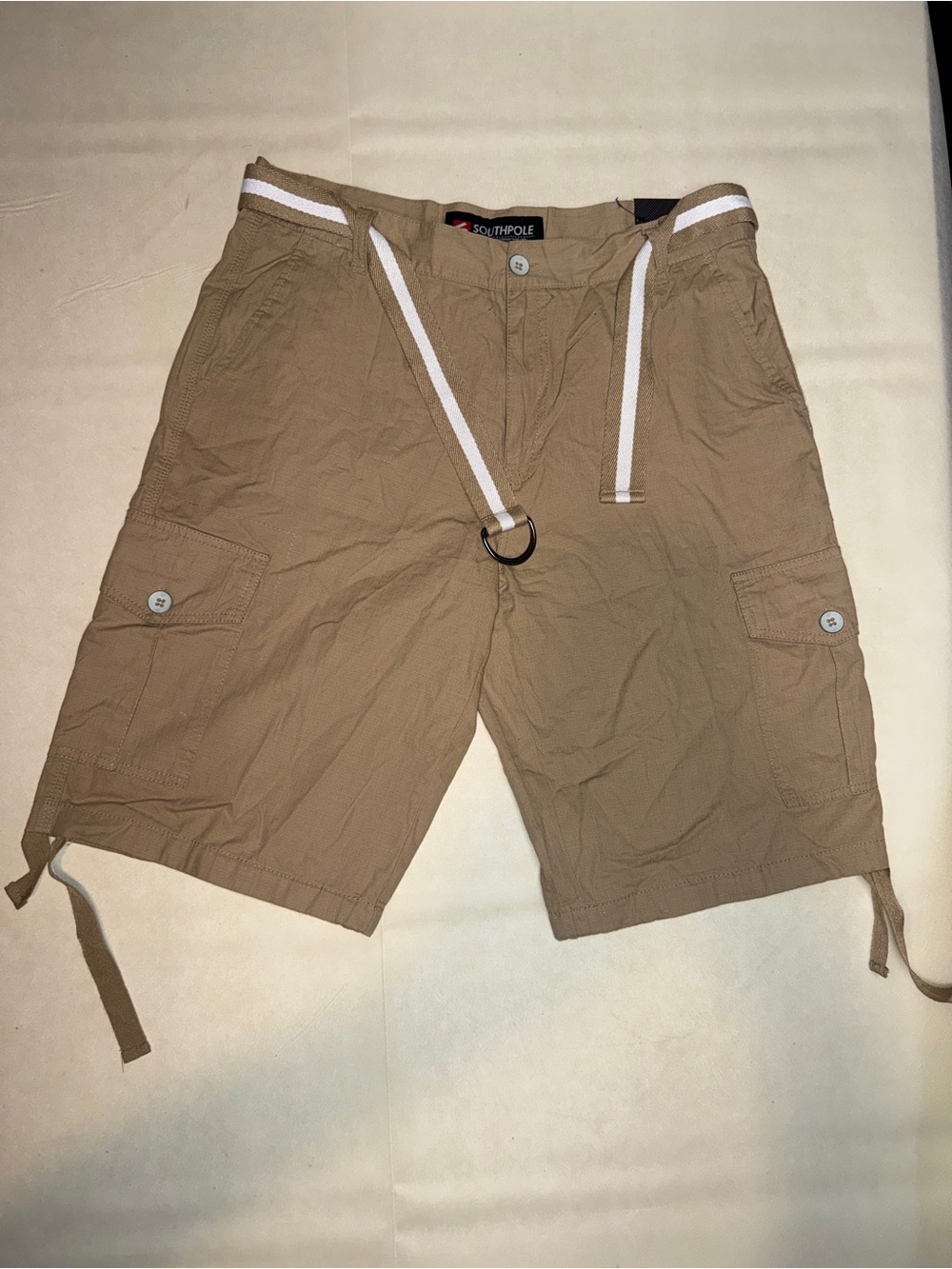 South Pole Men's Khaki Cargo Shorts with White Webbing Belt